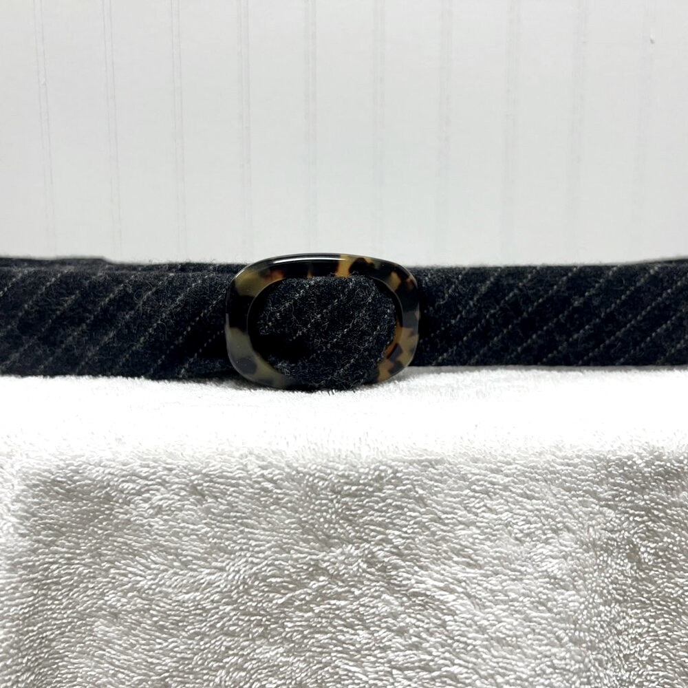 J Crew Dark Striped Gray Wool Adjustable Belt with Lucite Buckle - Size S/M